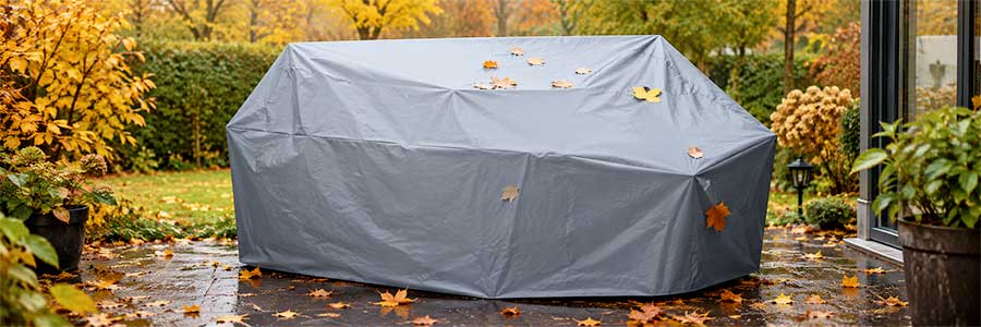 Housse de protection de jardin sur mesure grise protégeant un mobilier extérieur de la pluie et des feuilles en automne