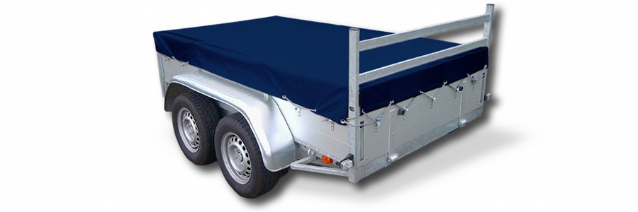 bâche bleue avec sandows sur remorque avec porte échelle